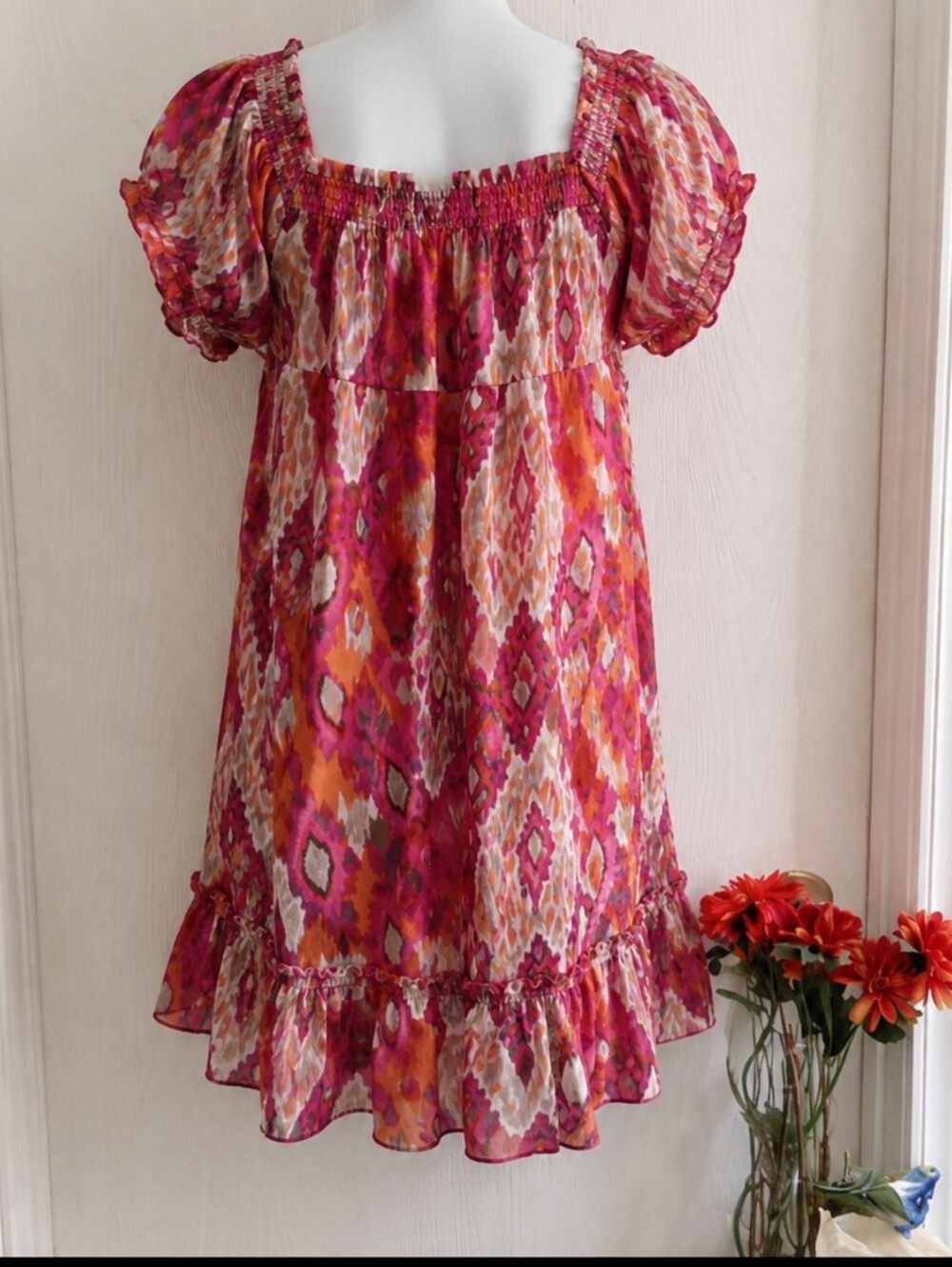 Costa Blanca | Luxe Silk Boho Tassel Tiered Dress Size Large Elasticized Bodice - Picture 9 of 10